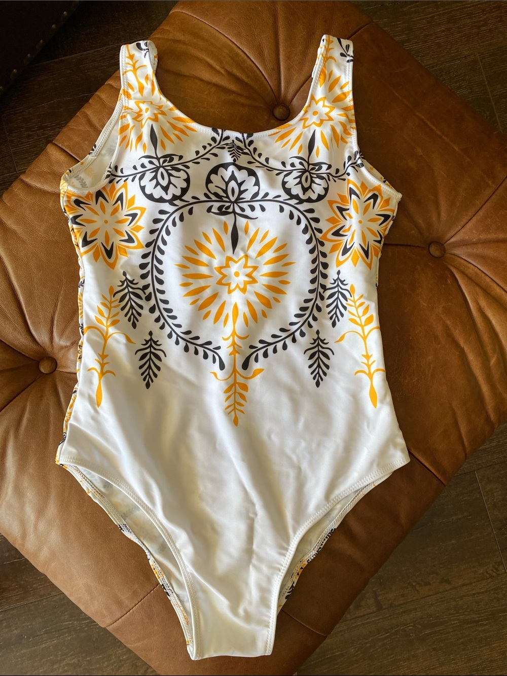 White One-Piece Swimsuit with Yellow & Black Medallion Print